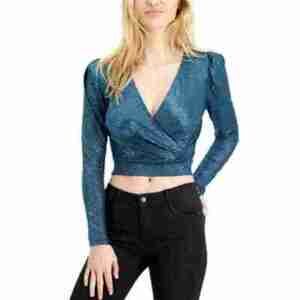 Kit & Sky Metallic Faux-Wrap Crop Top